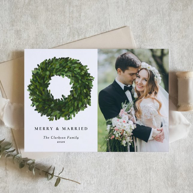 Handpainted Boxwood Wreath Merry and Married Photo Holiday Card (Creator Uploaded)