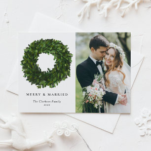 Handpainted Boxwood Wreath Merry and Married Photo Holiday Postcard