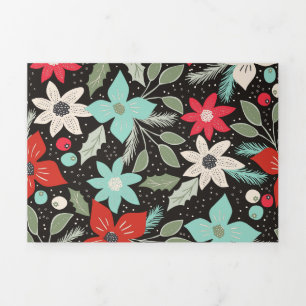 Handpainted Christmas Poinsettia Red White Aqua Tri-Fold Holiday Card