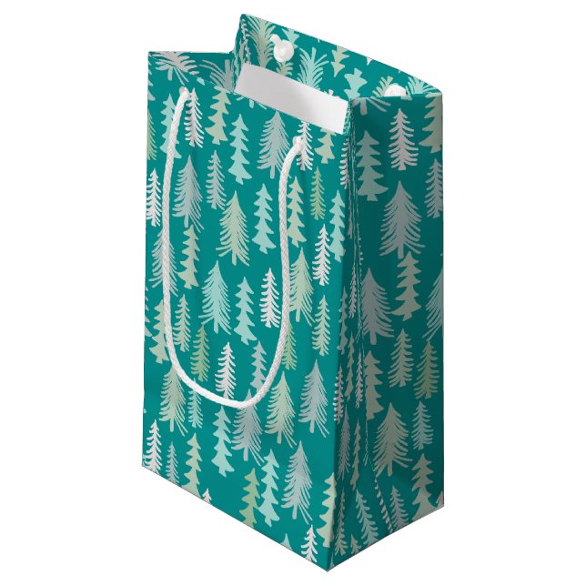 Handpainted Christmas Trees Aqua White Blue Teal Small Gift Bag (Front Angled)