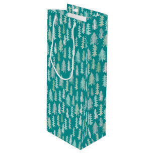 Handpainted Christmas Trees Aqua White Blue Teal Wine Gift Bag