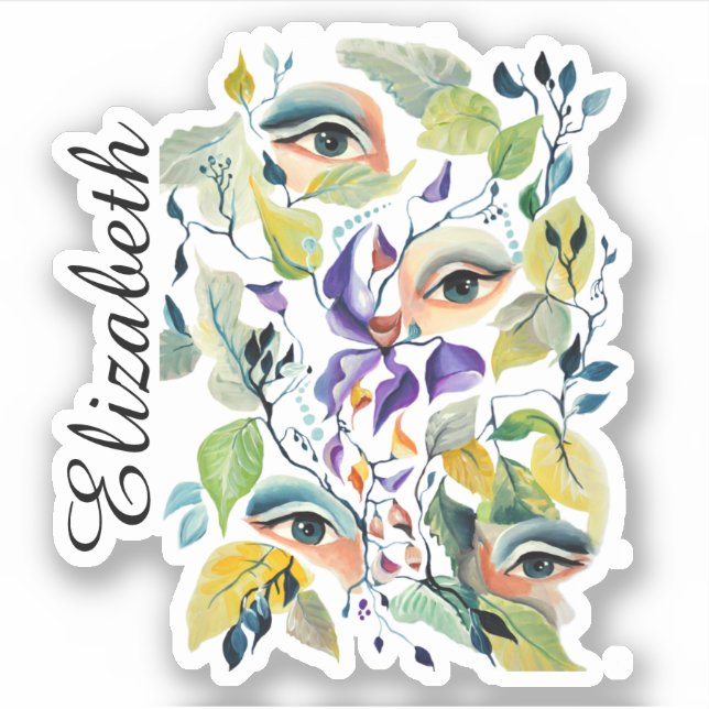 Handpainted Elegant Feminine Eyes Colourful Leaves (Front)