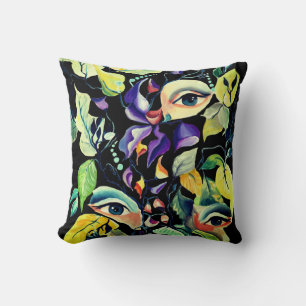 Handpainted Elegant Feminine Eyes Colourful Leaves Cushion