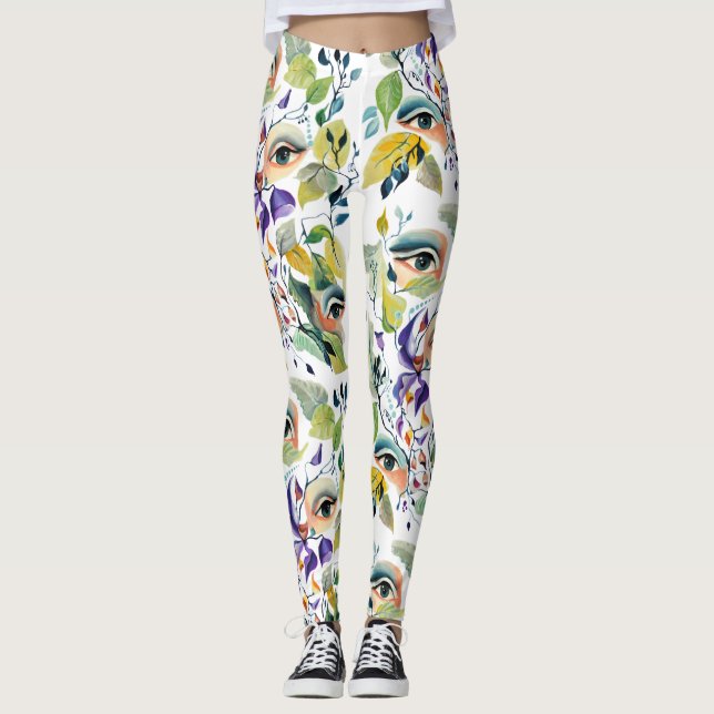 Handpainted Elegant Feminine Eyes Colourful Leaves Leggings (Front)