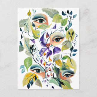 Handpainted Elegant Feminine Eyes Colourful Leaves Postcard