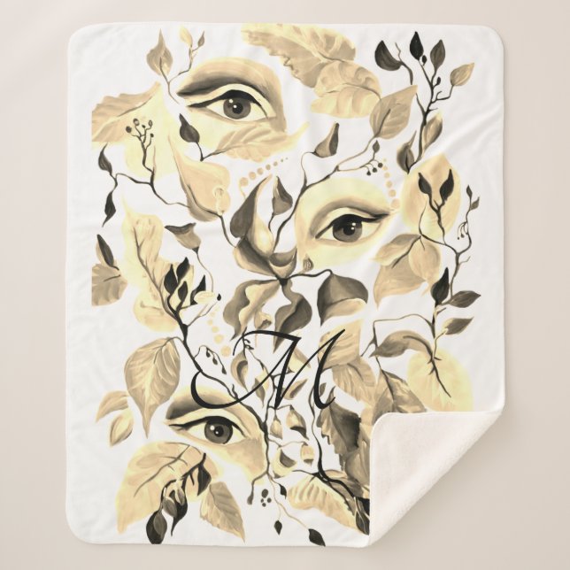 Handpainted Elegant Feminine Eyes Colourful Leaves Sherpa Blanket (Front)
