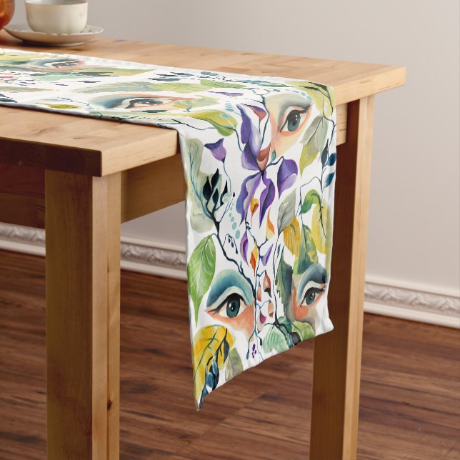 Handpainted Elegant Feminine Eyes Colourful Leaves Short Table Runner (In Situ)