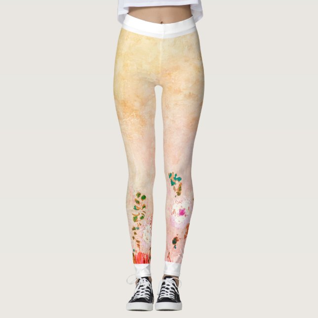 HANDPAINTED FLOWER PRINTED LEGGINGS IN YELLOW (Front)