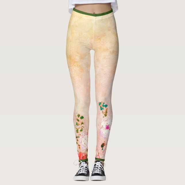 HANDPAINTED FLOWER PRINTED LEGGINGS IN YELLOW (Front)