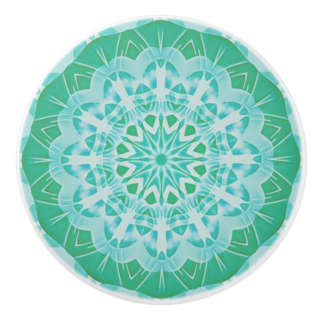 Handpainted Green Turquoise Abstract Mandala Ceramic Knob (Front)
