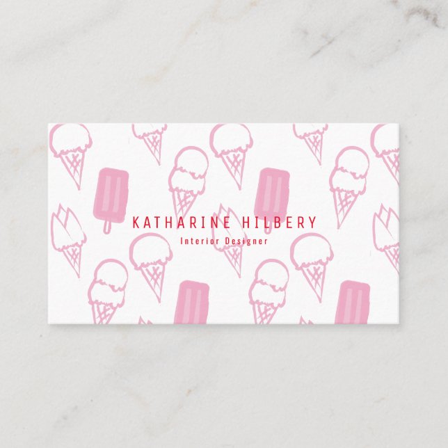 Handpainted Ice Cream Pattern Pink Business Card (Front)