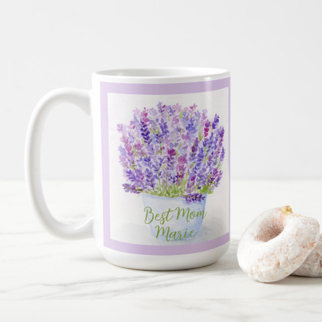 Handpainted Loose Watercolor Lavender Floral MOM Coffee Mug (With Donut)