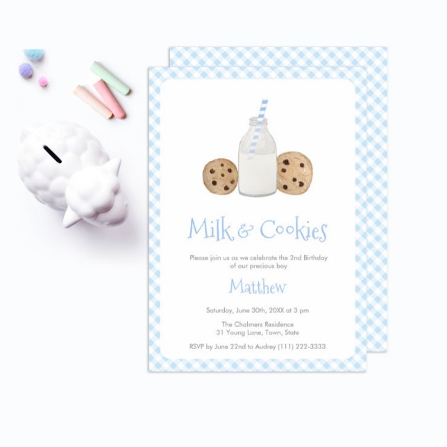 Handpainted Milk & Cookies Boy Birthday Party Invitation (Milk and cookies birthday party for boy with pale blue and white gingham check backer)