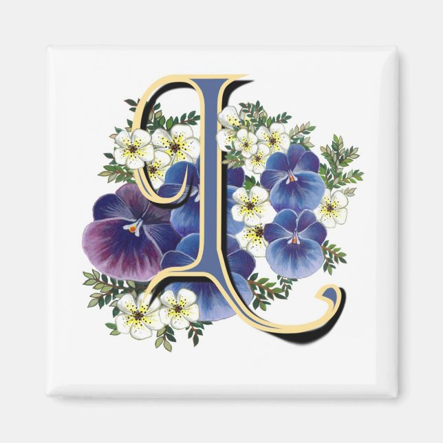 Handpainted Pansy Initial Monogram -  L Magnet (Front)