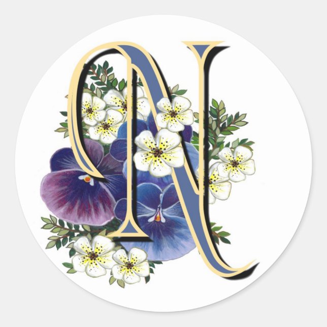 Handpainted Pansy Initial Monogram -  N Classic Round Sticker (Front)