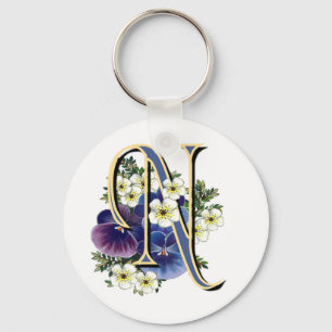 Handpainted Pansy Initial Monogram -  N Key Ring
