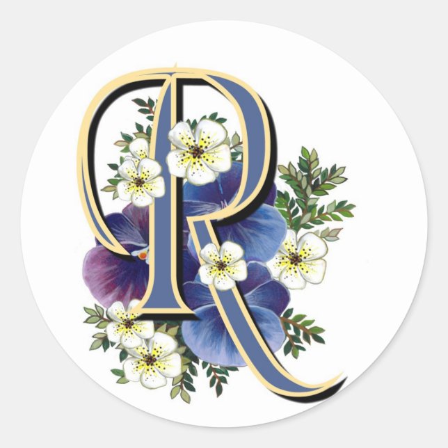 Handpainted Pansy Initial Monogram - R Classic Round Sticker (Front)