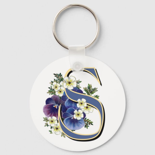 Handpainted Pansy Initial Monogram - S Key Ring (Front)