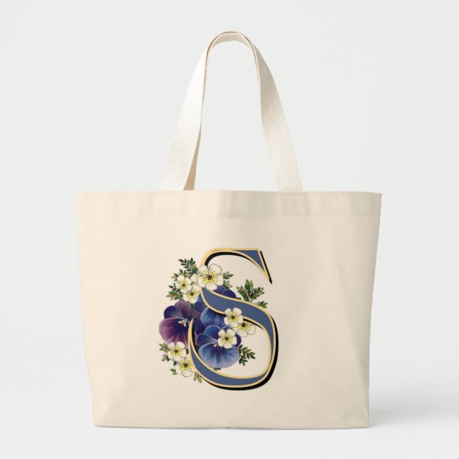 Handpainted Pansy Initial Monogram - S Large Tote Bag (Front)