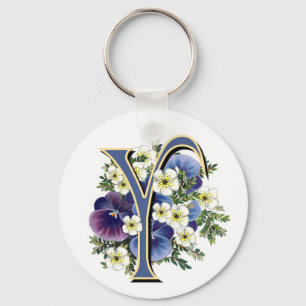 Handpainted Pansy Initial Monogram - Y Key Ring