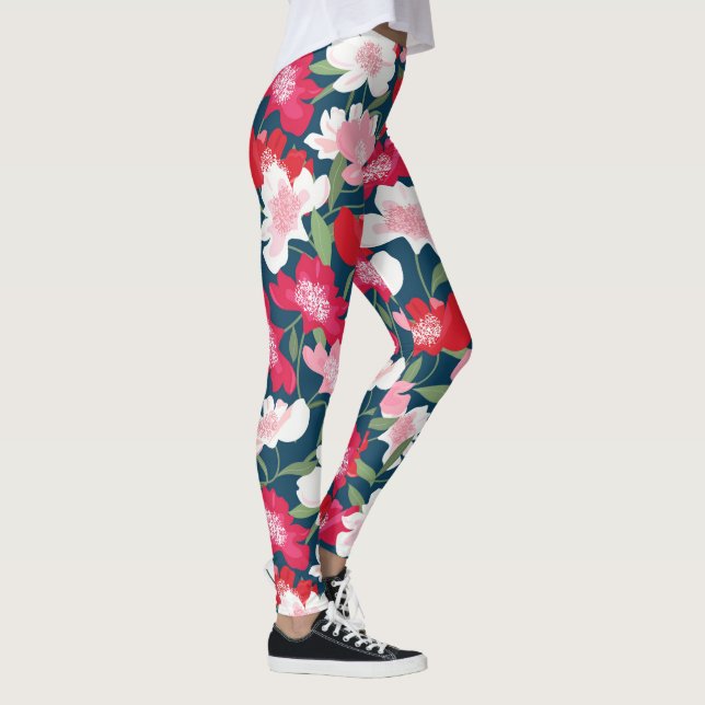 Handpainted Pink Red Cosmos Flowers Pattern Fun Leggings (Right)