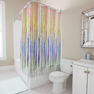 Handpainted rainbow sunset birch watercolor forest shower curtain