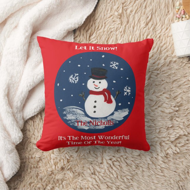 Handpainted Snowman PERSONALIZE message RED Cushion (Blanket)