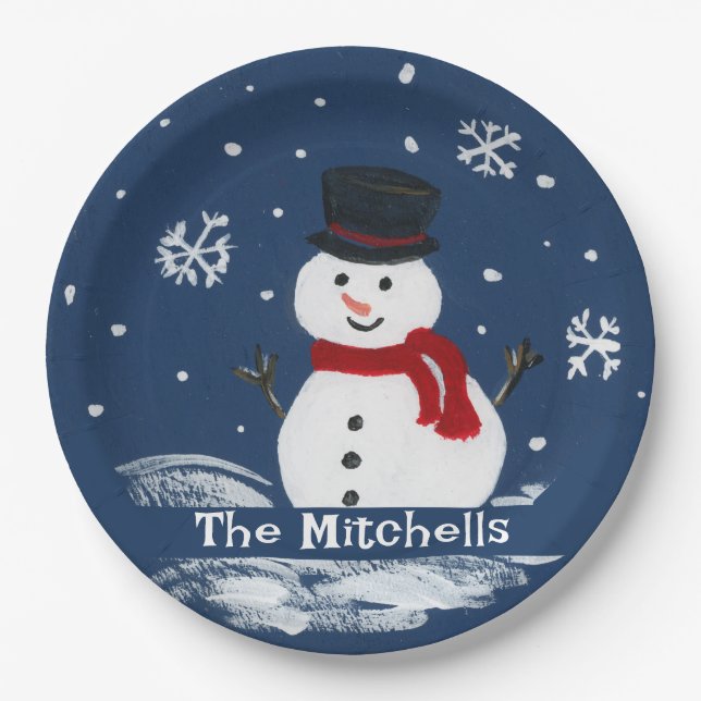 Handpainted Snowman PERSONALIZE Paper Plate (Front)