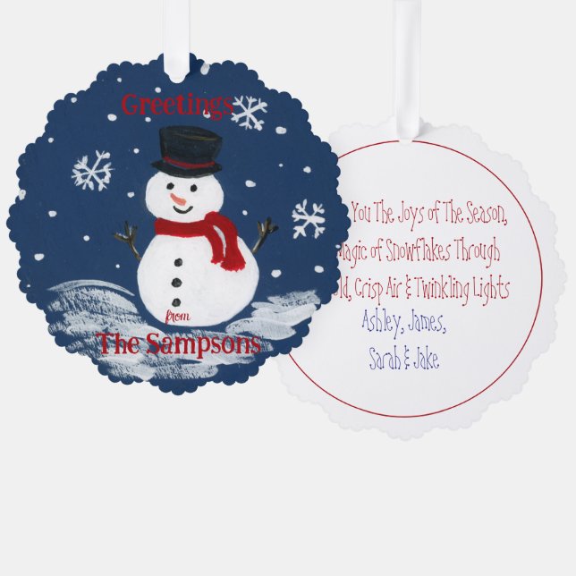 Handpainted Snowman PERSONALIZE Round Tree Decoration Card (Front/Back)