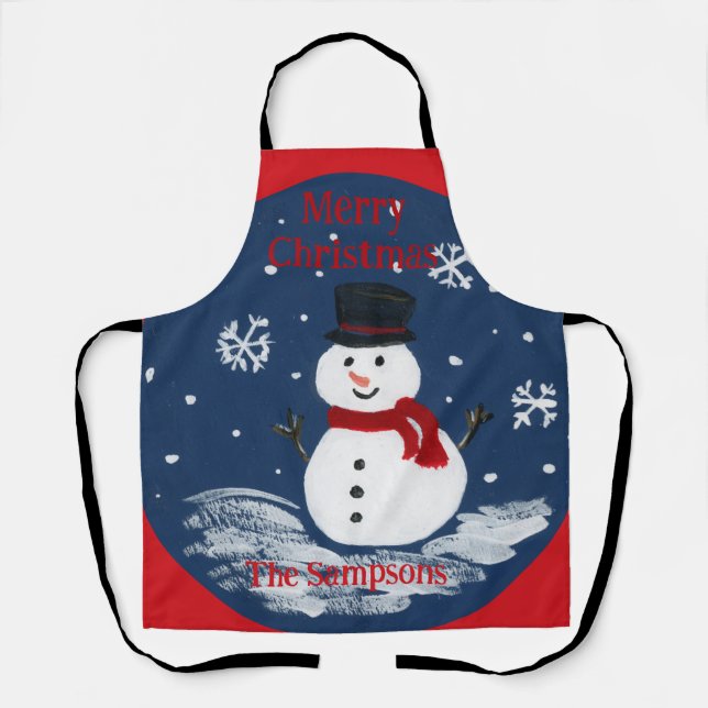 Handpainted Snowman Red PERSONALIZE  Apron (Front)