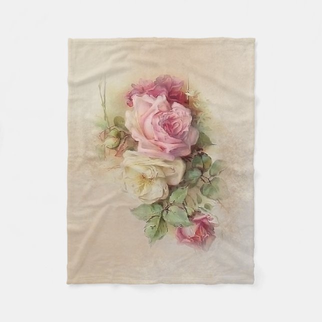 Handpainted Style Vintage Pink and White Roses Fleece Blanket (Front)