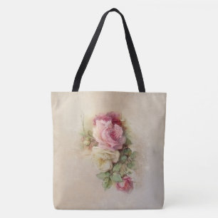 Handpainted Style Vintage Pink and White Roses Tote Bag