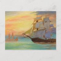 Handpainted Sunset Sailing Ships Nautical Art