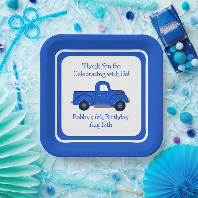Handpainted Vintage Blue Truck Border Paper Plate (Party)