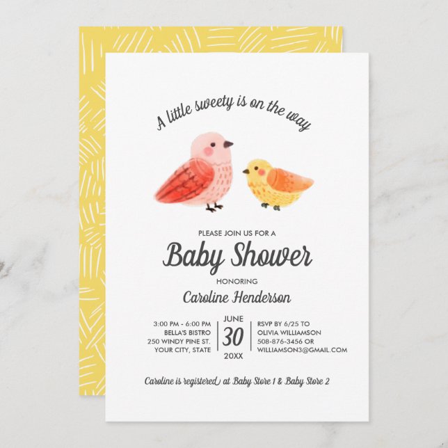 Handpainted Watercolor Bird Baby Shower Invitation (Front/Back)
