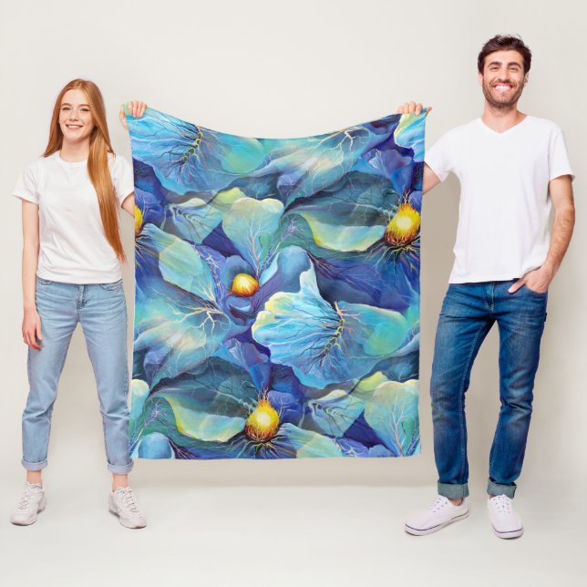 Handpainted Watercolor Floral Aqua and Blues Fleece Blanket (In Situ)