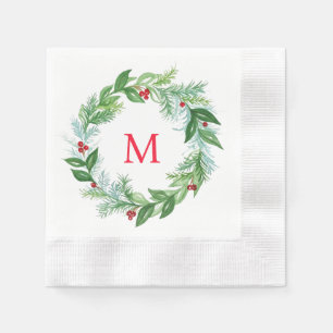 Handpainted Watercolor Holiday Wreath with Initial Napkin