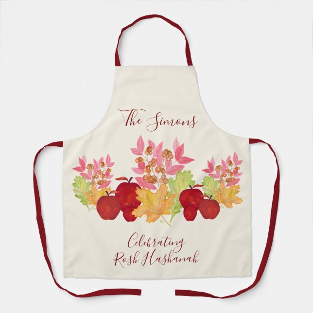 Handpainted Watercolor Leaves Apples Rosh Hashanah Apron (Front)