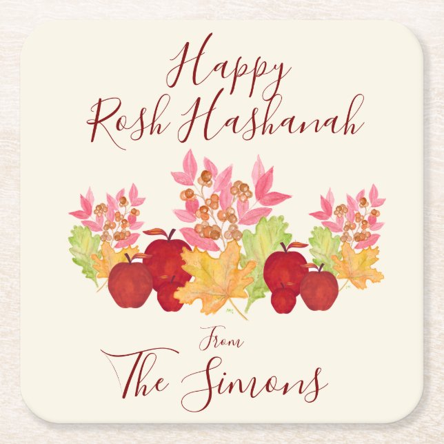 Handpainted Watercolor Leaves Apples Rosh Hashanah Square Paper Coaster (Front)