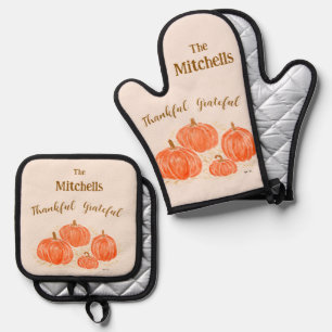 Handpainted Watercolor Pumpkin Thankful Grateful Oven Mitt & Pot Holder Set