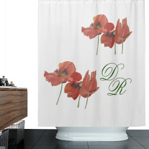HANDPAINTED WATERCOLOR RED POPPIES SHOWER CURTAIN