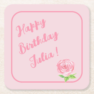 Handpainted Watercolor Rose HAPPY BIRTHDAY Square Paper Coaster