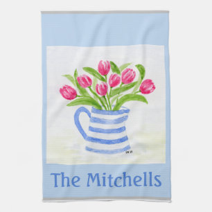 Handpainted Watercolor Tulips, Blue Stripe Pitcher Tea Towel