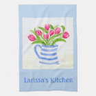 Handpainted Watercolor Tulips, Blue Stripe Pitcher