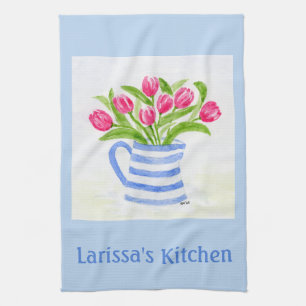 Handpainted Watercolor Tulips, Blue Stripe Pitcher Tea Towel