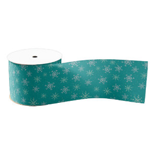 Handpainted White & Aqua Snowflakes on Teal Grosgrain Ribbon
