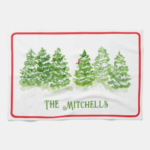Handpainted Winter Trees PERSONALIZE NAME Tea Towel