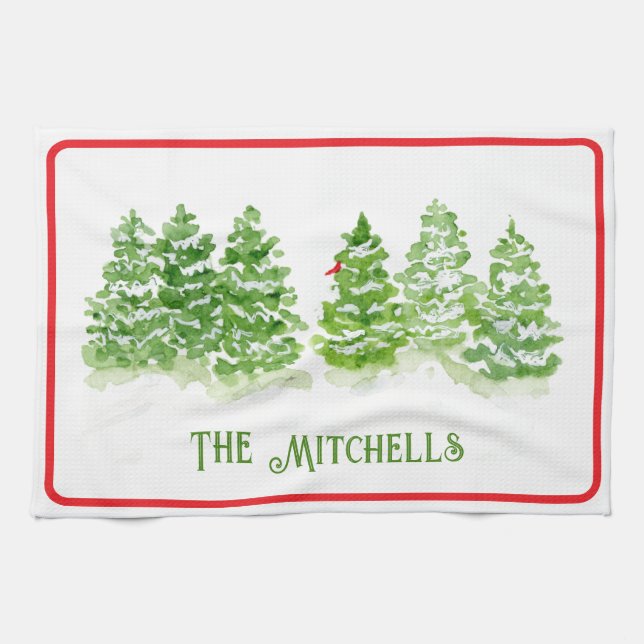 Handpainted Winter Trees PERSONALIZE NAME Tea Towel (Horizontal)