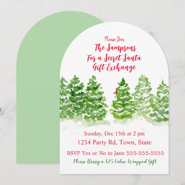 Handpainted Winter Trees SECRET SANTA Invitation (Front/Back)