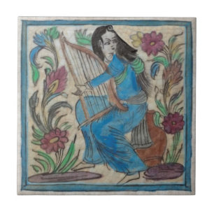 Handpainted Woman with Harp Persian Antique Repro Ceramic Tile